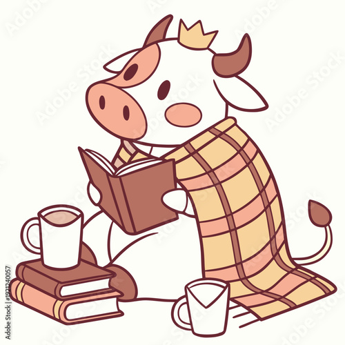 Cute Loving Cow, accessorized with with a tiny crown, in a Bookworm Day world – Cozy Reading palette vector