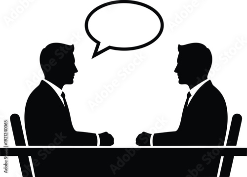 Two businessmen in a meeting with a speech bubble