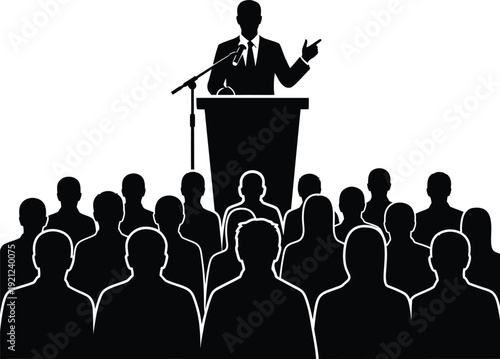 A man giving a speech to an audience from a podium