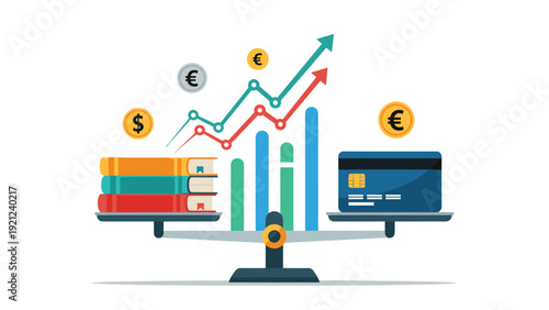 Scale balancing books and a credit card, with financial charts and currency symbols, symbolizing the balance between education and finance.