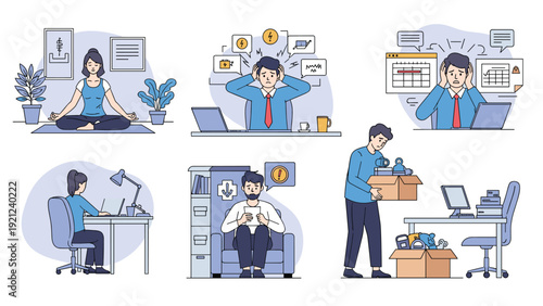 Collection of six diverse scenes illustrating work-life balance challenges, including stress, burnout, mindfulness, remote work, and career transitions.
