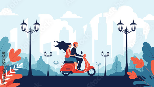 Happy couple joyfully riding a scooter through a vibrant city park with a modern skyline backdrop, symbolizing romance, freedom, and urban leisure.