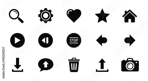 Collection of common black icons displaying various functions silhouette