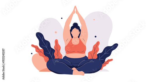 Confident plus-size woman gracefully performing a yoga pose, surrounded by lush plants, symbolizing body positivity, wellness, and mindful fitness.