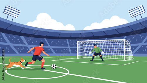 Football player kicking a ball towards the goal with a goalkeeper and a dog on a stadium field, symbolizing sport and outdoor fun.