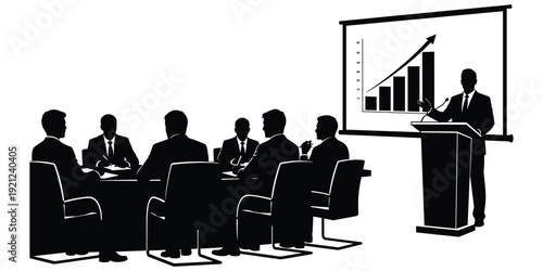 Business growth presentation silhouette illustration,communication design tribute, leadership strategy graphic, professional data analysis concept, office performance flat vector illustration