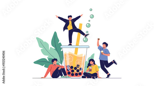 Vibrant scene with happy people gathered around a huge bubble tea drink, one man playfully balancing on top, representing enjoyment and popular trends.