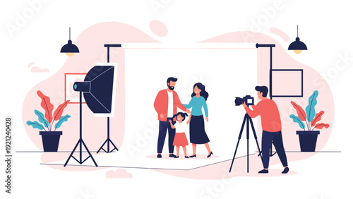 Professional photographer taking a picture of a happy family (parents and child) in a well-lit studio, showcasing the art of portrait photography.