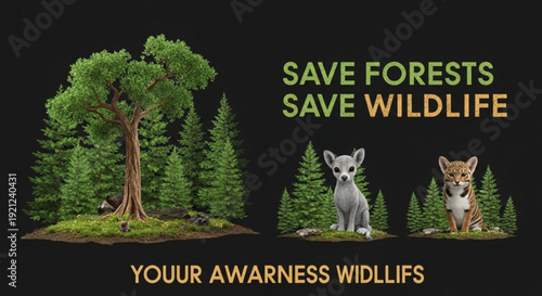 Save forests save wildlife awareness poster with animals and trees on black background
