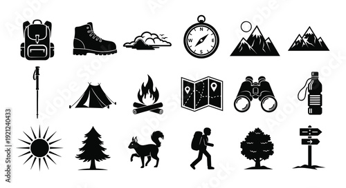 Black icons depicting hiking and outdoor adventure a striking silhouette