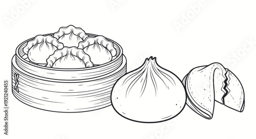 Chinese Dumplings, Baozi, and Fortune Cookie Illustration