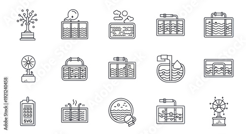 Clean Energy Icons: Wind Turbine, Solar Tree, Water Purification, Battery Storage