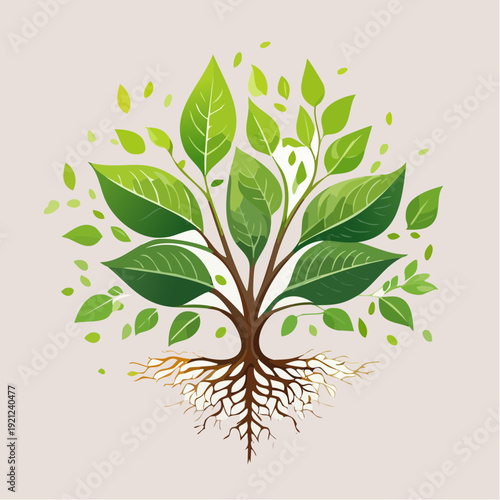Stylized depiction of a healthy green plant with prominent roots and lush foliage, symbolizing growth, nature, and organic vitality