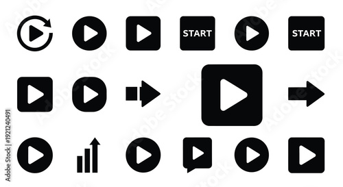 Collection of black play pause and start button icons silhouette