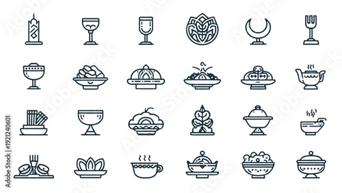 Iftar and suhoor meal outline icon collection, Ramadan food and fasting break linear vector symbols