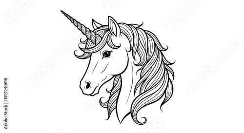 Mythical Unicorn Head Drawing, Fantasy Creature Illustration