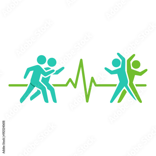 Vibrant rhythmic dance partnership with dynamic health heartbeat line illustrating energetic movement and wellbeing synergy through synchronized activity