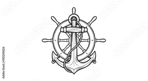 Nautical Anchor and Ship Wheel Emblem - Vintage Hand Drawn Design