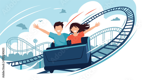 Happy couple enthusiastically riding a rollercoaster in an amusement park, with their hands raised high in excitement, symbolizing fun and adventure.