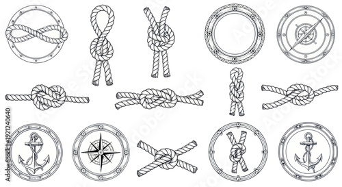 Nautical Knots and Marine Symbols Collection: Anchor, Compass, Rope Designs