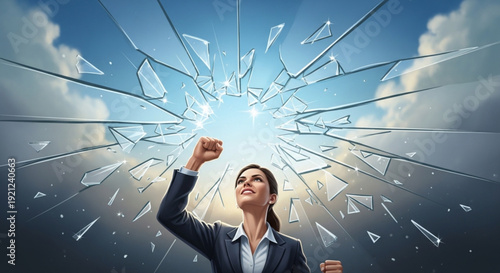 Determined businesswoman breaking through glass barrier with fist raised towards sunny sky with clouds