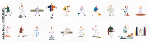 Collection of elderly men practicing Tai Chi and Qigong, showcasing various traditional Chinese martial arts poses for health, wellness, and mindful exercise.