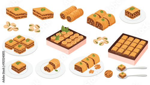 Delightful collection of various baklava pastries, including pistachios and nuts, beautifully arranged on plates and in boxes, perfect for dessert or gifting.