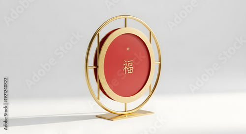 Lunar New Year Ornament: A stunning golden ornament, intricately designed with a circular frame and a vibrant red centerpiece, embodies the spirit of the Lunar New Year celebration.