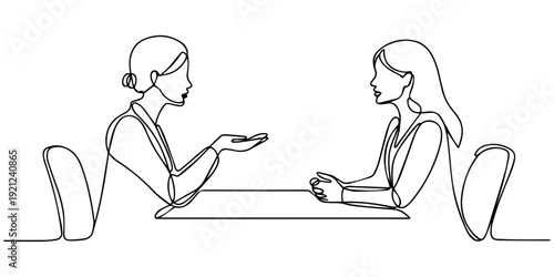 Job interview. Vector simple composition of one continuous line depicting a recruiter and a candidate, A contemporary, simple line composition illustrating a job interview with a recruiter