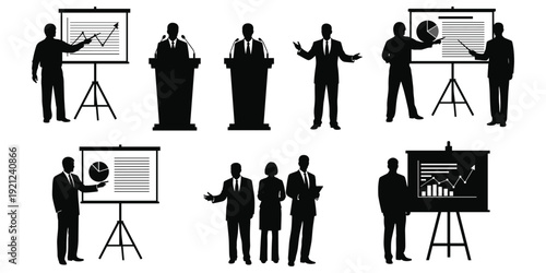 Business presentation silhouette illustration, corporate communication artwork, teamwork collaboration design tribute, professional debate concept, office strategy theme flat vector illustration