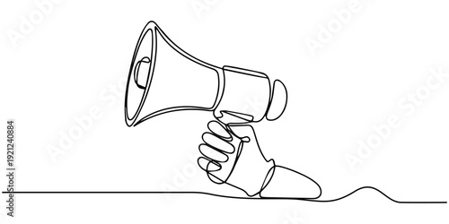 One line hand with speaker. Hand and speaker one continuous single line art drawing. Minimal art style. Speaker continuous line art illustration, Continuous line drawing Holding by hand  megaphone