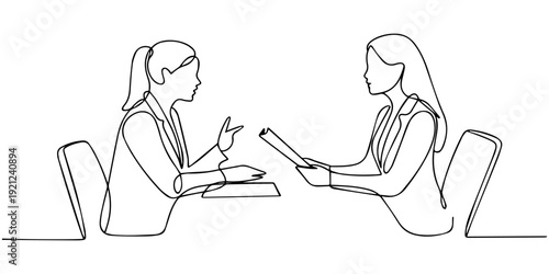 Job interview. Vector simple composition of one continuous line depicting a recruiter and a candidate, A contemporary, simple line composition illustrating a job interview with a recruiter