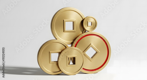 Golden Coins Display: A group of elegant, golden coins arranged in an eye-catching display. Perfect for adding a touch of wealth.