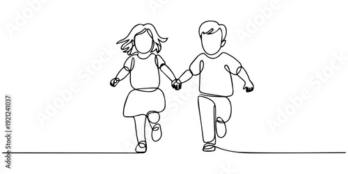 one continuous single line drawing of a toddler girl and boy running hand in hand illustration, toddler girl and boy running hand in hand continuous one line drawing, continuous one line art of little