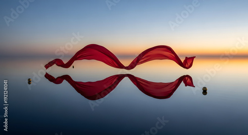 Serene Red Fabric in Waterscape: A vibrant red fabric dances gracefully above the tranquil waters, mirroring itself in a captivating display of symmetry against the backdrop of a serene twilight sky.