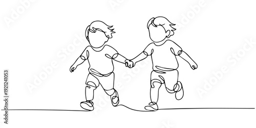 one continuous single line drawing of a toddler girl and boy running hand in hand illustration, toddler girl and boy running hand in hand continuous one line drawing, continuous one line art of little