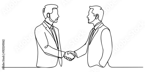 two businessmen shaking hands. Continuous one line drawing illustration vector, two businessmen shaking hands. Continuous one line drawing illustration vector, Two people agree and shake hands