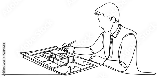 young company manager do quality control to sketch draft blueprint design continuous one line drawing, Single continuous line drawing of young company manager do quality control to sketch draft 