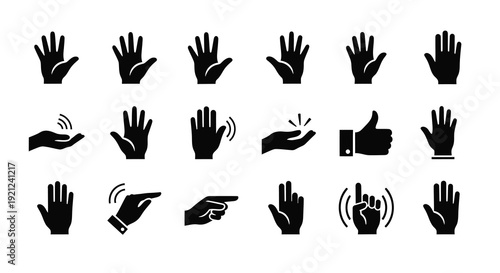 Collection of black hand gestures and signs in a bold silhouette
