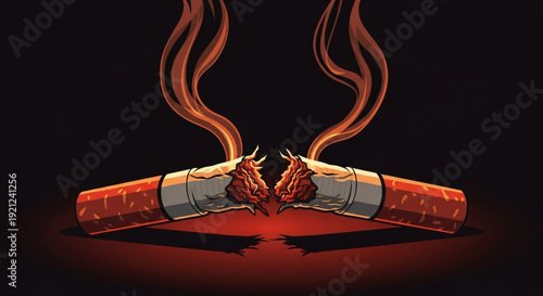 Two lit cigarettes forming a heart shape with smoke rising against a dark background symbolizing love passion and danger