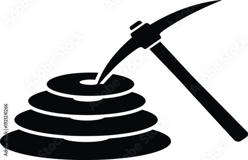 Black silhouette of a pickaxe striking a stack of discs