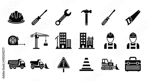 Construction tools buildings and workers in black outline silhouette