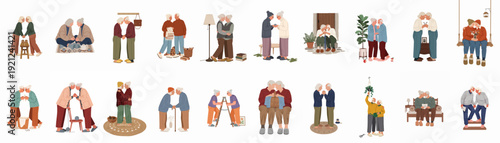 Elderly couples embracing, supporting, and sharing life's simple joys, illustrating enduring love and companionship in diverse relationships.