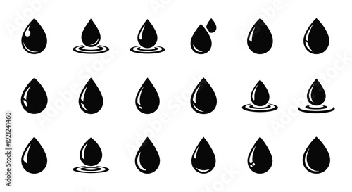 Collection of black teardrop shapes and ripples a graphic silhouette