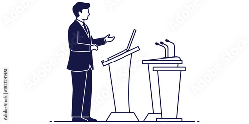 Public speaking podium silhouette illustration, corporate communication artwork, leadership debate design tribute, professional speech graphic, press conference concept, formal discourse flat vector i