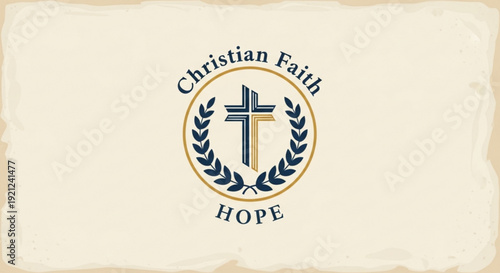 Christian faith symbol with cross laurel wreath and hope text on beige background