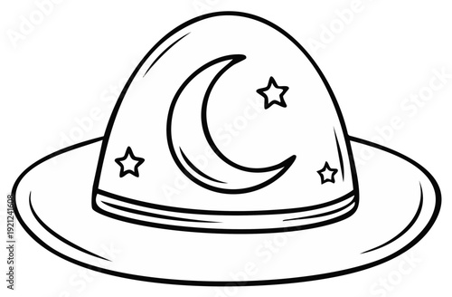 Hand-drawn Outline of a Wizard Hat with Moon and Stars for Magical Concepts