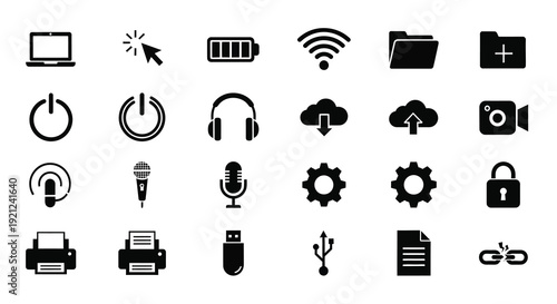 Collection of black technology icons displayed in a flat silhouette