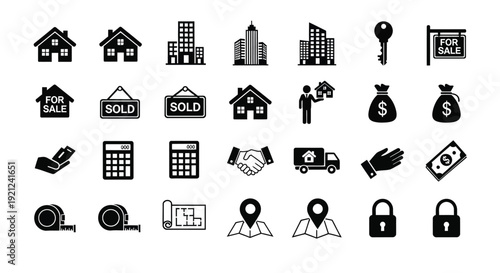 Real estate icons including houses keys and deals a silhouette