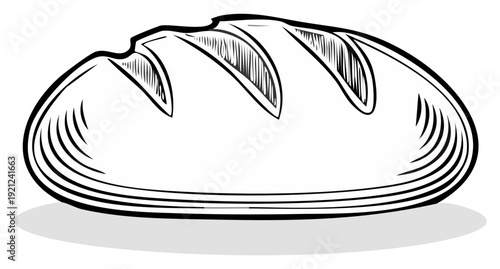 Sketch drawing of bread depicting a loaf with a hard crust and soft interior in monochrome style